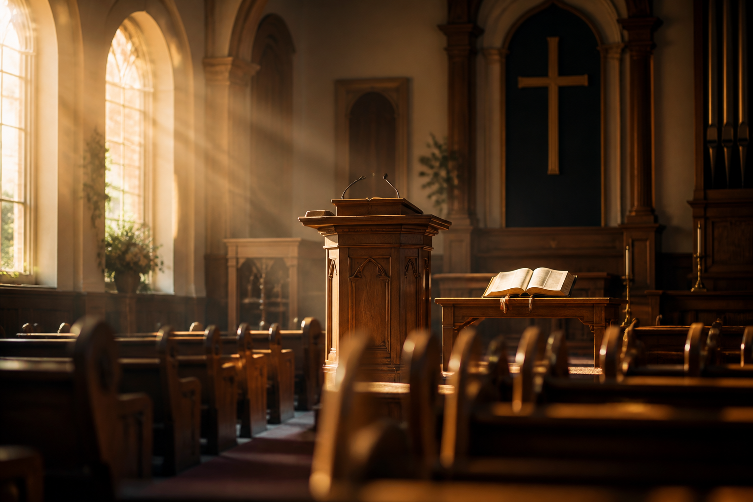 Desire of Nations sanctuary — warm light over the altar